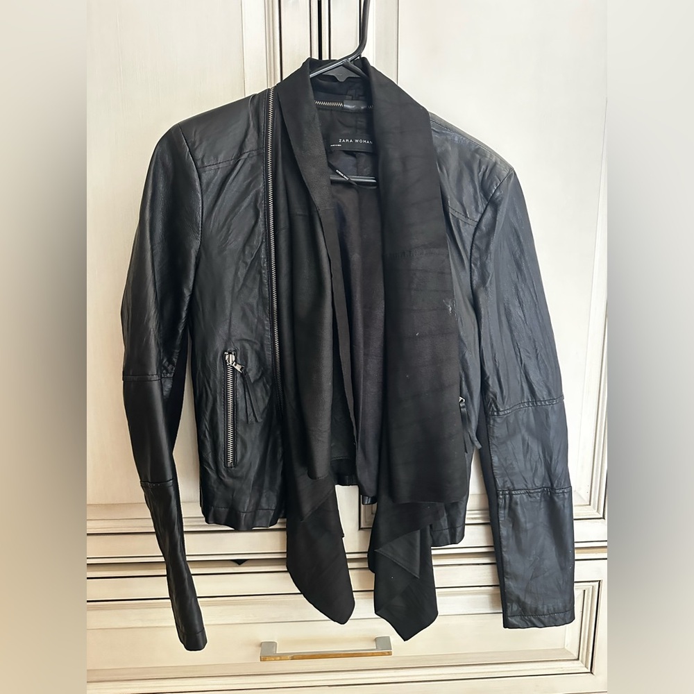 Zara Black Leather Draped Jacket